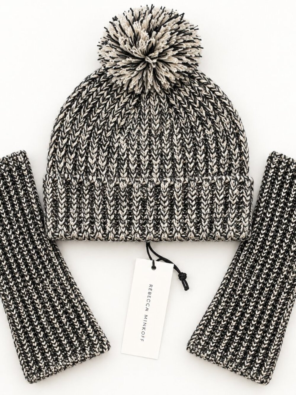 Rebecca Minkoff NWT Marled Beanie Arm Warmers Set Black Gray OS